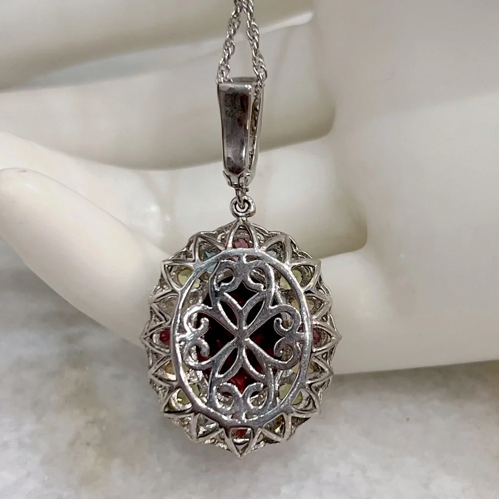 Norwegian Thulite Multigemstone 14K YG Sterling Silver Pendant 20” Necklace